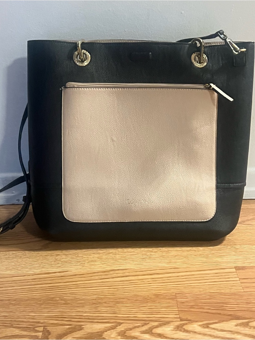 Coach Black Tote with Cream Front Pocket and Gold Hardware